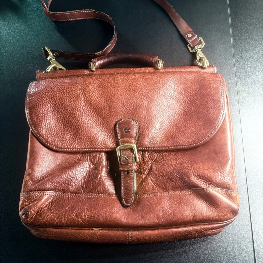 vintage Timberland brown leather crossbody briefcase Office bag computer